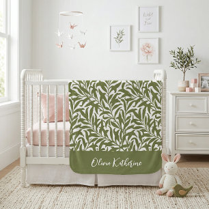Couverture Sherpa Branche de Saule Vert Olive Monogrammé