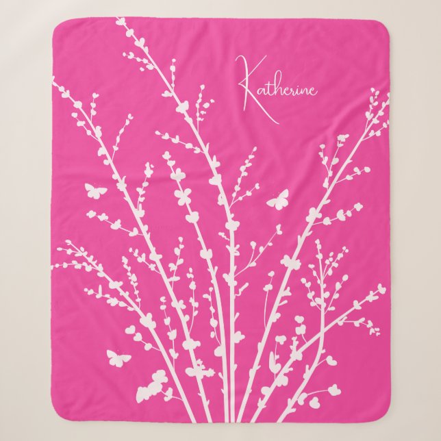 Couverture Sherpa Branches à papillons rose chaud Nom personnalisabl (Devant)
