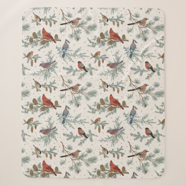 Couverture Sherpa Branches d'oiseaux et de pins d'hiver Motif (Devant)