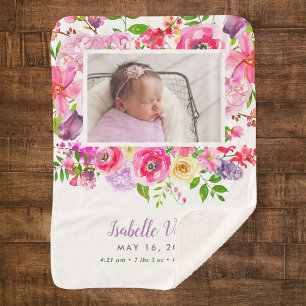 Couverture Sherpa Bright Blooms Baby Girl Birth Stat Photo