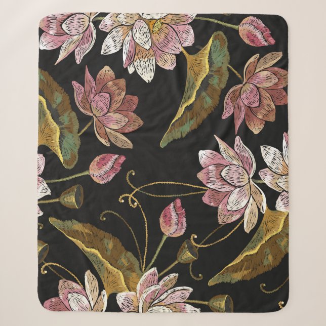 Couverture Sherpa Broderie Lotus Fleurs Motif sans couture (Devant)