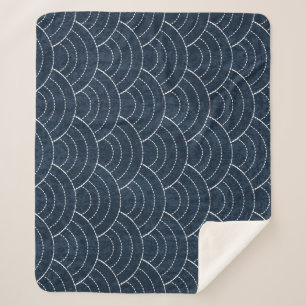 Couverture Sherpa Broderie Sashiko : Indigo Motif japonais.