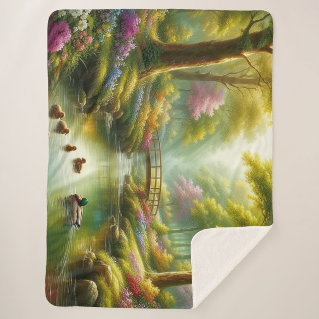 Couverture Sherpa Brook de printemps avec canards/fleurs (Devant)