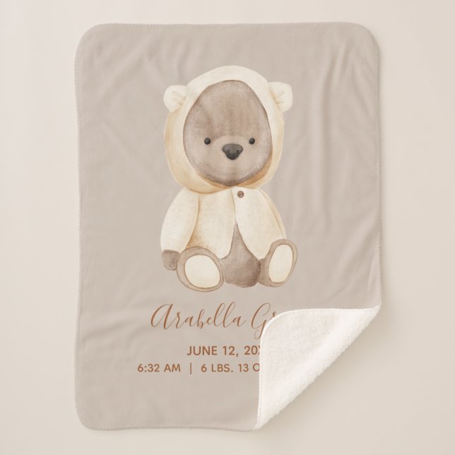 Couverture Sherpa Brown Teddy Bear Bébé statistiques de naissance (Devant)
