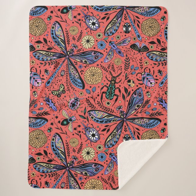 Couverture Sherpa Bugs de Doodle sur corail rouge (Devant)