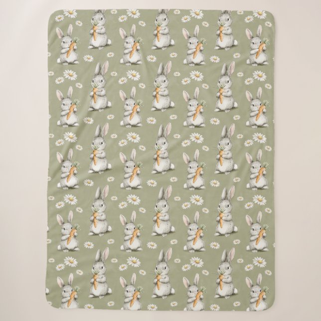 Couverture Sherpa Bunnies with Carrots Green Daisy Flowers Birthday (Devant)