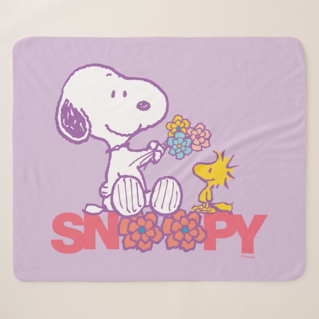 Couverture Sherpa cacahuètes | Snoopy & Woodstock Flowers (Devant (Horizontal))