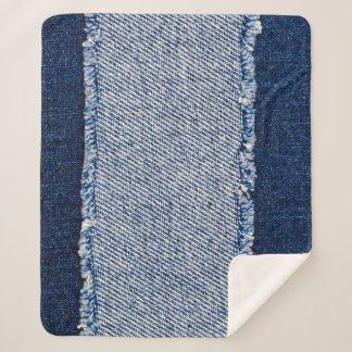 Couverture Sherpa Cadre de jean bleu denim fringé.