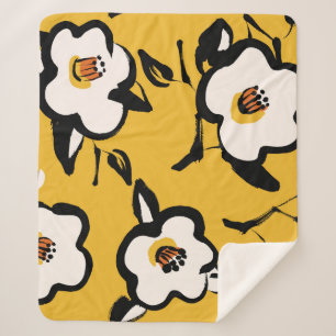 Couverture Sherpa Camellia Jaune, vintage floral et mince.