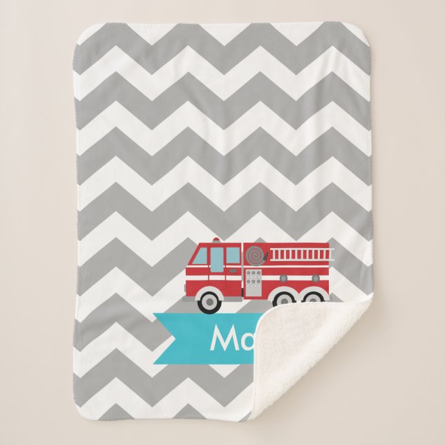 Couverture Sherpa Camion de pompiers turquoise gris personnalisé de (Devant)