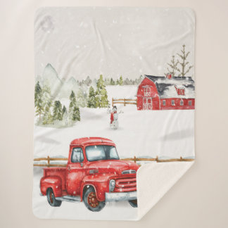 Couverture Sherpa Camion rouge d'hiver et grange Sherpa Blanket