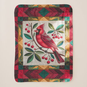 Couverture Sherpa Cardinal Bird Quilt, Blanche Fleece - Rouge Vibran