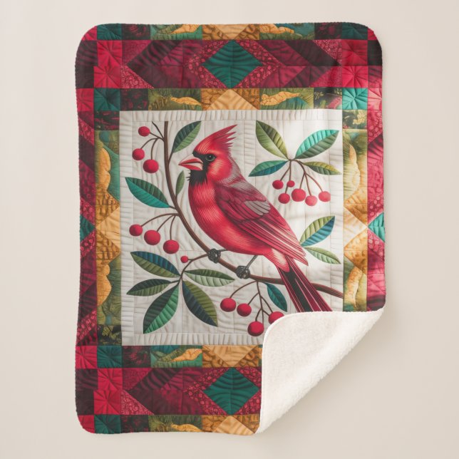 Couverture Sherpa Cardinal Bird Quilt, Blanche Fleece - Rouge Vibran (Devant)