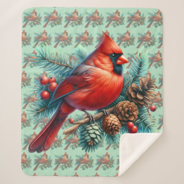 Couverture Sherpa Cardinal on Pine Branch with Winter Berries (Devant)