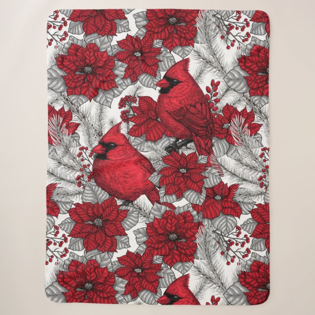 Couverture Sherpa Cardinaux et poinsettia en rouge et blanc (Devant)