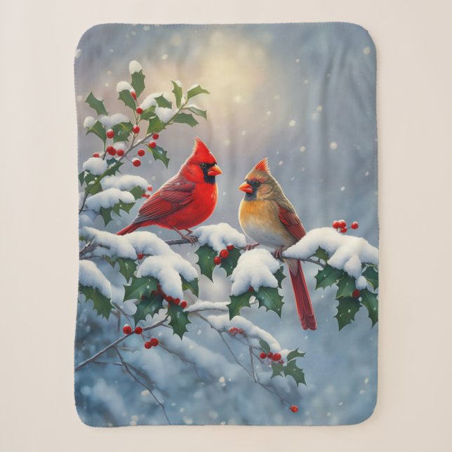 Couverture Sherpa Cardinaux rouges et Holly en neige (Devant)