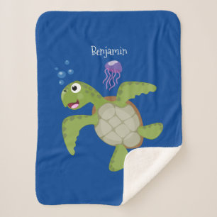 Couverture Sherpa Caricature joyeuse de tortue de mer verte mignonne