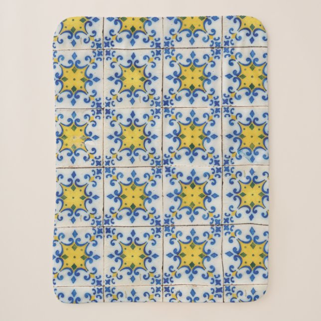 Couverture Sherpa Carreaux portugais - Azulejo Motif bleu et jaune (Devant)