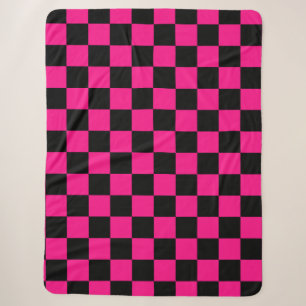 Couverture Sherpa Carrés à carreaux rose vif noir géométrique rétro