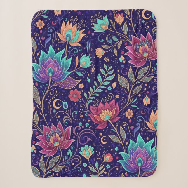 Couverture Sherpa Celestial Midnight Lotus Floral Pattern Blanket (Devant)