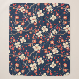 Couverture Sherpa Cerisier Fleur Japonais Floral Rouge Marine