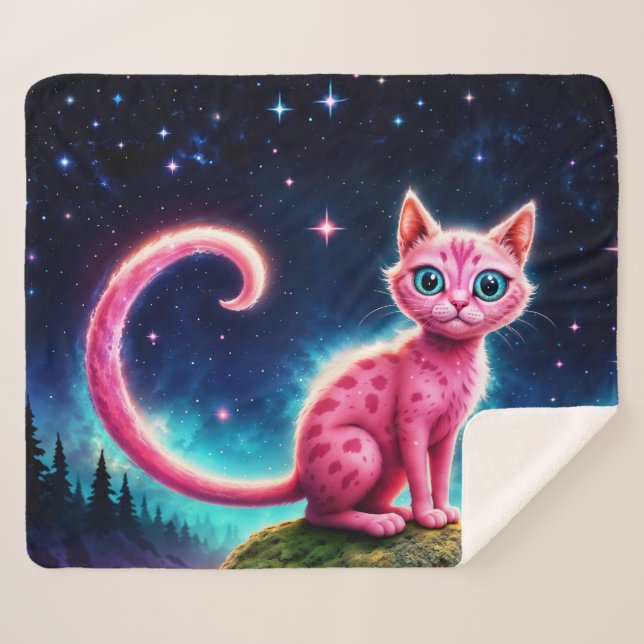 Couverture Sherpa Chat brillant Whimsical, yeux bleu long queue art (Devant (Horizontal))