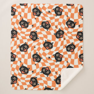 Couverture Sherpa Chat noir rétro Motif chèque orange