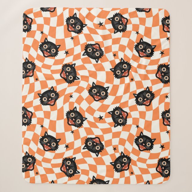 Couverture Sherpa Chat noir rétro Motif chèque orange (Devant)
