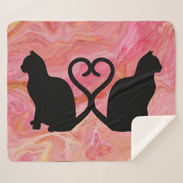 Couverture Sherpa Chat romantique Silhouette Coeur sur le marbrage r (Devant (Horizontal))