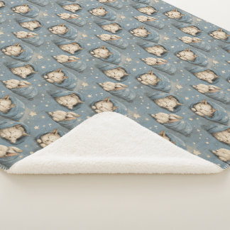Couverture Sherpa Chats Endormis Sous un Ciel Étoilé Motif Bleu Cosy