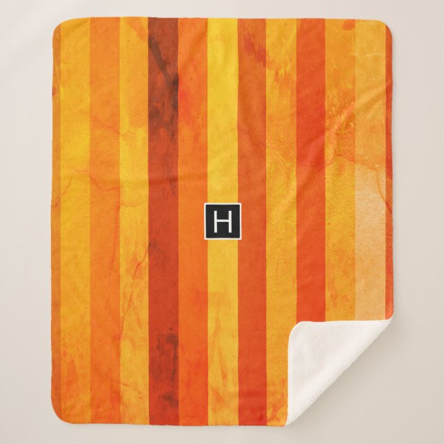 Couverture Sherpa Chaud Patiné Orange Rouge rayures Monogramme (Devant)