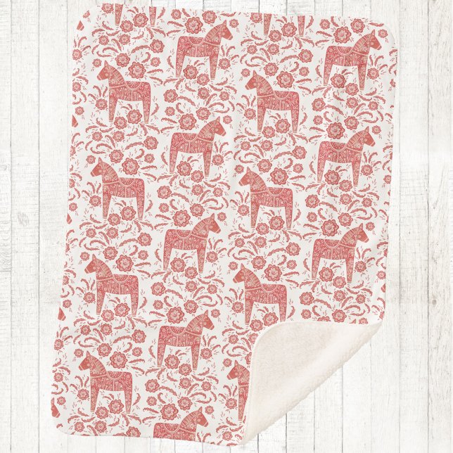 Couverture Sherpa Cheval de Dala suédois Rouge et blanc (Swedish Dala Horse red and white sherpa fleece blanket)