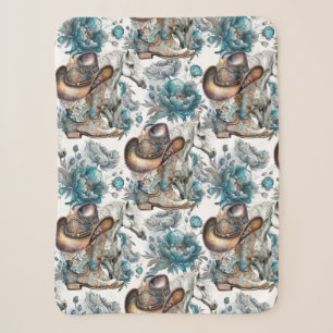 Couverture Sherpa Cheval fille cowgirl motif floral turquoise