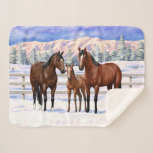 Couverture Sherpa Chevaux Du Quartier De La Baie Brown En Neige