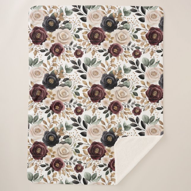 Couverture Sherpa Chic Bourgogne Crème Floral (Devant)