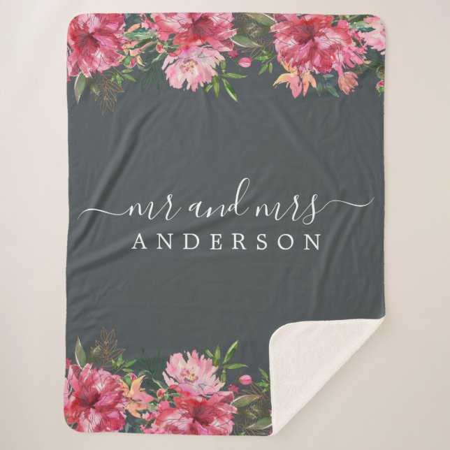 Couverture Sherpa Chic Newlysée M. Mme Pink Floral Monogramme (Devant)