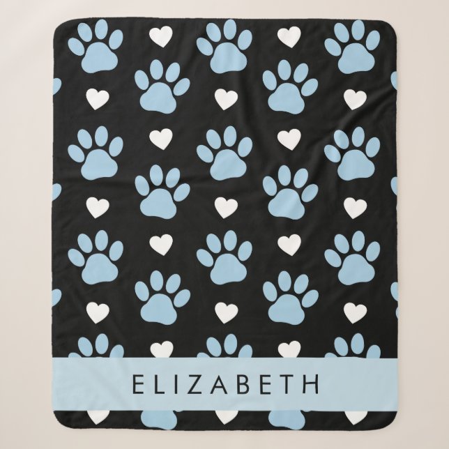 Couverture Sherpa Chien Paws, Blue Paws, White Hearts, Votre Nom (Devant)
