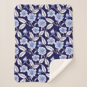 Couverture Sherpa Chinoiserie Delft Blue Floral Porcelaine Motif