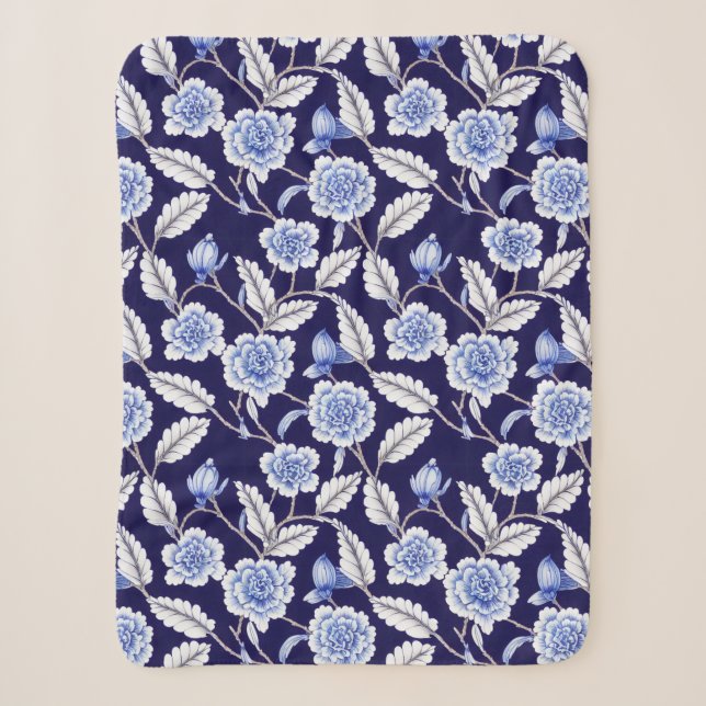 Couverture Sherpa Chinoiserie Delft Blue Floral Porcelaine Motif (Devant)