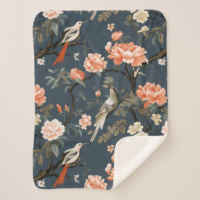 Couverture Sherpa Chinoiserie florale sur Denim Blue (Devant)