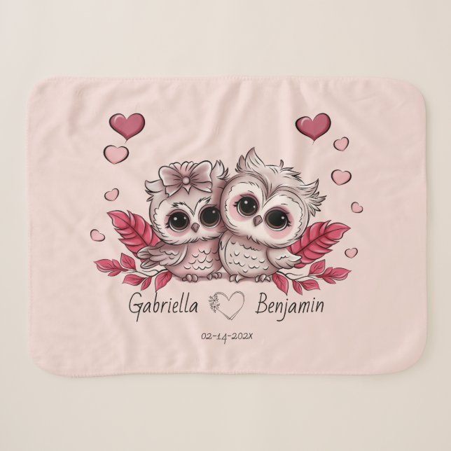Couverture Sherpa Chouette cartonnée amoureux Coeur Saint-Valentin (Devant (Horizontal))