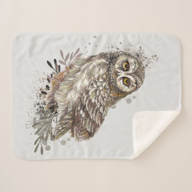 Couverture Sherpa Chouette d'aquarelle Oiseau Faune Nature Art (Devant (Horizontal))