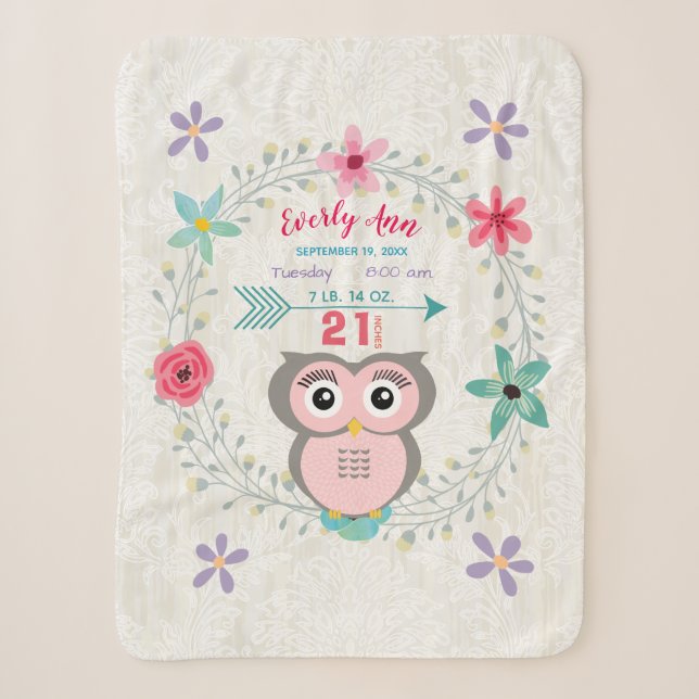 Couverture Sherpa Chouette rose Petite fille Statistiques Aquarelle  (Devant)