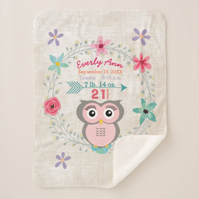 Couverture Sherpa Chouette rose Petite fille Statistiques Aquarelle  (Devant)