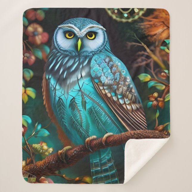 Couverture Sherpa Chouette turquoise (Devant)