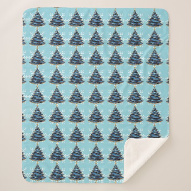 Couverture Sherpa Christmas Artistic Blue Gold Tree Snowflakes (Devant)
