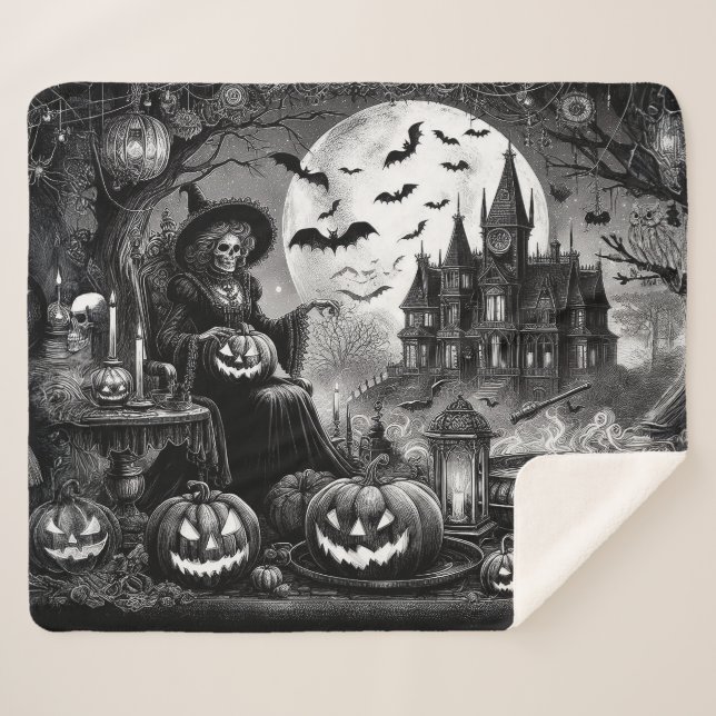 Couverture Sherpa Citrouille de sorcière squelette (Devant (Horizontal))