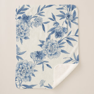 Couverture Sherpa Classique motif toile florale bleue aquarelle blan
