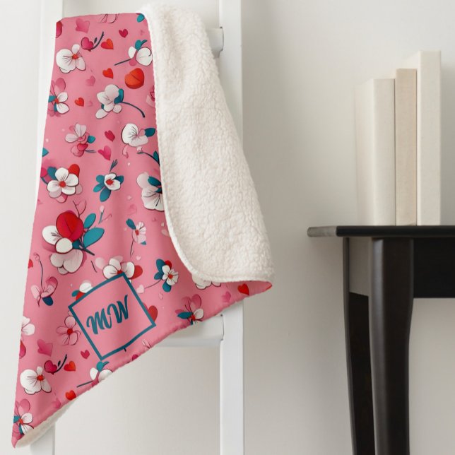 Couverture Sherpa Coeurs coquette, et fleurs blanc rouge turquoise (Créateur téléchargé)