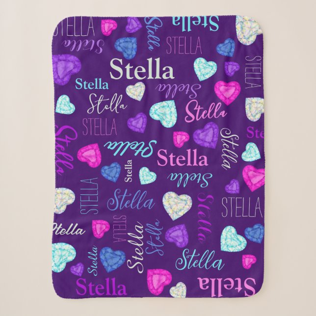 Couverture Sherpa Coeurs de pierres précieuses nom personnalisé Stel (Devant)